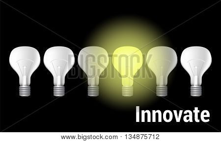 Innovate vector illustration on black, minimal background or template for competitive advantage or innovation power to change, motivation to innovate conceptual image, picture of filament bulb light