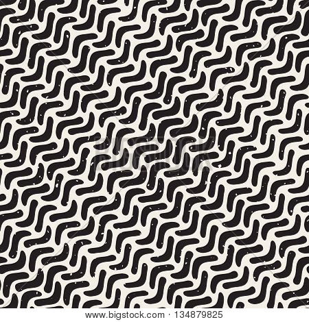 Vector Seamless Black And White Hand Drawn Daigonal Wavy Lines Grunge Pattern. Abstract Geometric Background Design