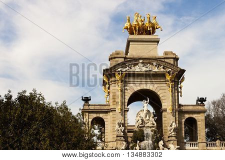 Quadriga of Aurora on top of the Cascada font in Ciutadella Parc in Barcelona Spain.