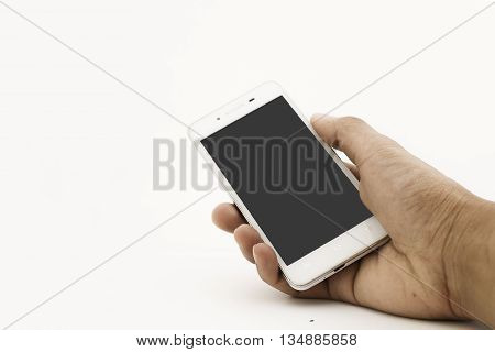 Hand holding White Smartphone with blank screen on white background