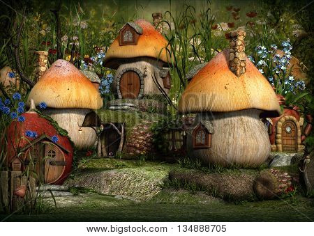 3d computer graphics of a village with Leprechaun cottages