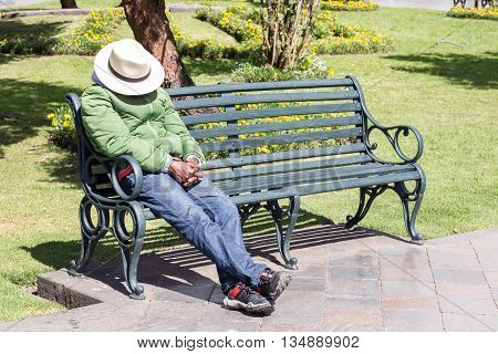 Unidentifiable man asleep in local Cusco park