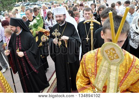 Chortkiv - Ternopil - Ukraine - 12 July 2012. The visit to Chertkov of the Ukrainian Greek Catholic Church His Beatitude Sviatoslav Shevchuk and festive liturgy on the occasion of the temple feast of the Apostles Peter and Paul.