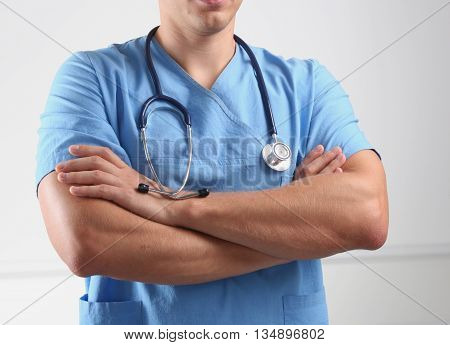 Closeup of man doctor with stethoscope. medicine