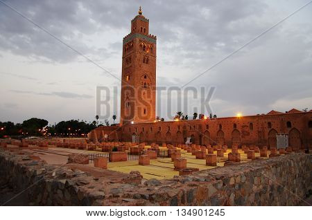 Minaret of Marrakech mosque, at sunset. Morocco