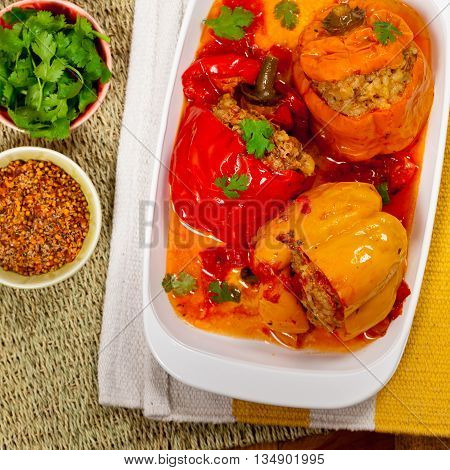 Baked Stuffed Red Bell Pepper with Meat and Rice. Selective focus.