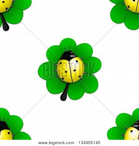 Seamless pattern with yellow ladybug on the green leave
