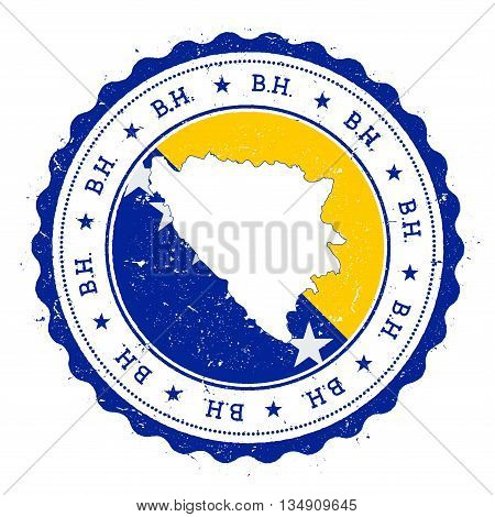 Bosnia And Herzegovina Map And Flag In Vintage Rubber Stamp Of State Colours. Grungy Travel Stamp Wi