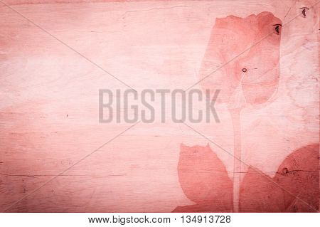 Double exposure of red rose flower on wooden backgroundvintage