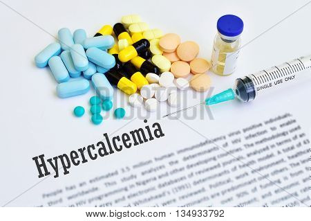 Syringe with drugs for hypercalcemia treatment, blur text
