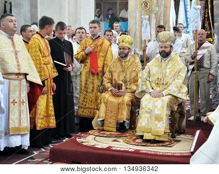 Chortkiv - Ternopil - Ukraine - 12 July 2012. The visit to Chertkov of the Ukrainian Greek Catholic Church His Beatitude Sviatoslav Shevchuk and festive liturgy on the occasion of the temple feast of the Apostles Peter and Paul.