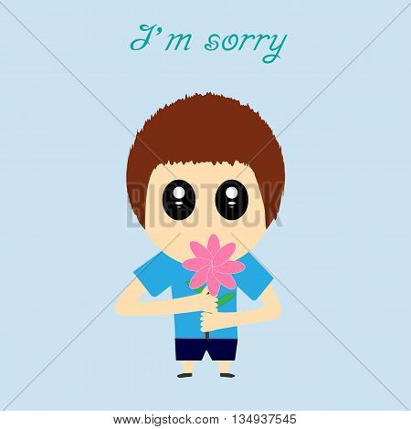 I'm sorry design card . Hand drawn cartoon with flower. Conceptual lettering. Vector illustration. EPS10