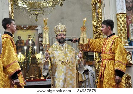 Chortkiv - Ternopil - Ukraine - 12 July 2012. The visit to Chertkov of the Ukrainian Greek Catholic Church His Beatitude Sviatoslav Shevchuk and festive liturgy on the occasion of the temple feast of the Apostles Peter and Paul.