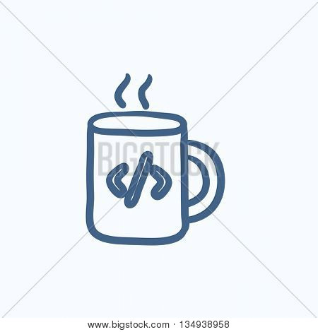 Cup of coffee with code sign vector sketch icon isolated on background. Hand drawn Cup of coffee with code sign icon. Cup of coffee with code sign sketch icon for infographic, website or app.