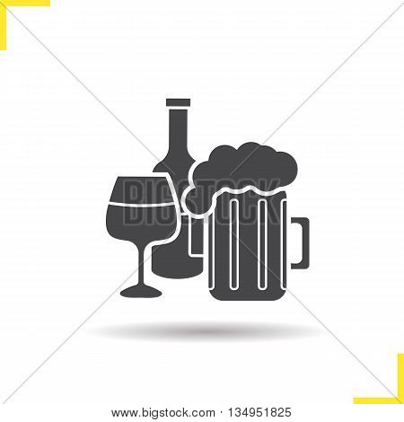 Alcohol icon. Drop shadow foamy beer mug, wineglass and wine bottle silhouette symbol. Alcoholic drinks. Vector isolated illustration