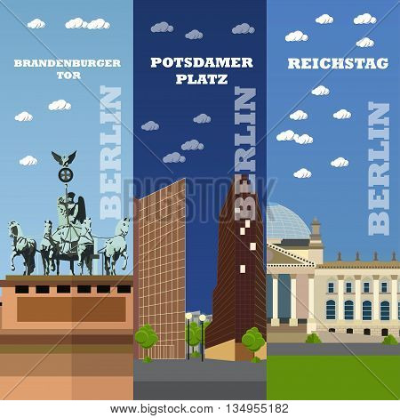 Berlin tourist landmark banners. Vector illustration with German famous buildings. Potsdamer Platz, Brandenburg Gate, Reichstag building.