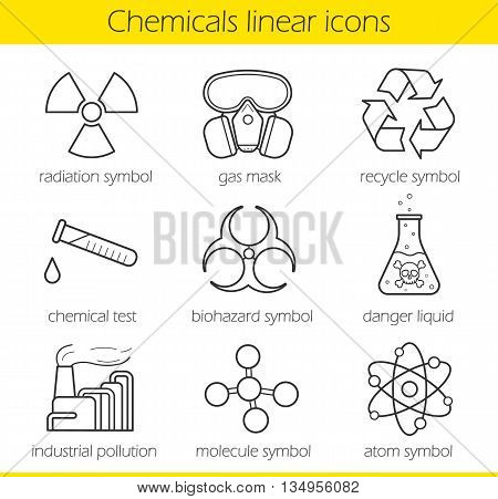 Laboratory equipment. Chemical industy. Gas mask, recycle symbol, chemical test tube, poison danger, factory pollution. Biohazard, radiation, atom and molecule symbols.