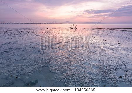 Beautiful sunrise view of seascape of George Town, Penang, Malaysia