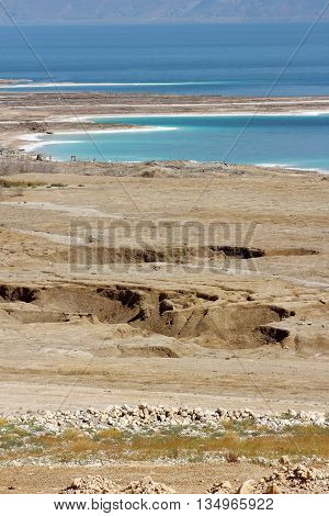 landscape of the Dead Sea, failures of the soil, illustrating an environmental catastrophe on the Dead Sea, Israel