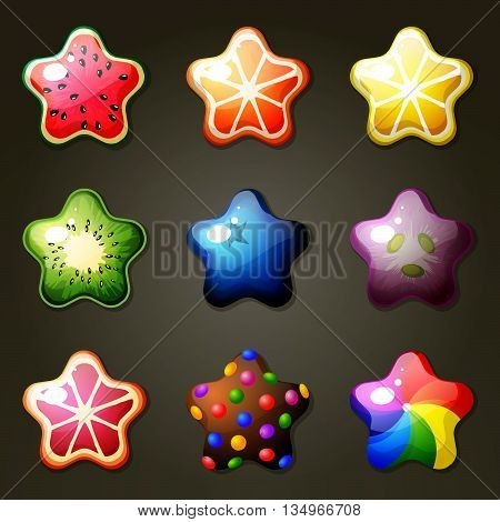 Set of fruit star candies for match three game