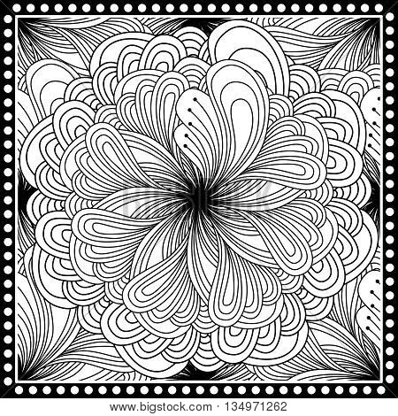 Black And White Abstract Bandana Print With  Fantasy Flower. Square Pattern Design For Pillow, Carpe