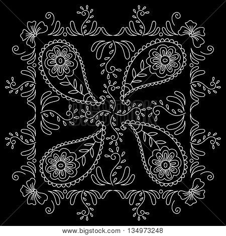 Black And White Abstract Bandana Print With  Element Henna Style. Square Pattern Design For Pillow,