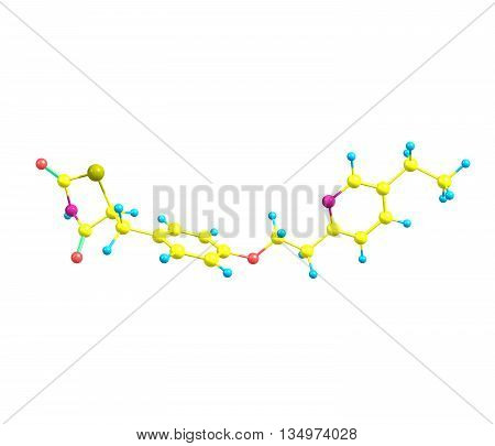 A model of Pioglitazone an antihyperglycemic drug used in the treatment of type 2 diabetes - non-insulin-dependent diabetes. Isolated on white. 3d illustration