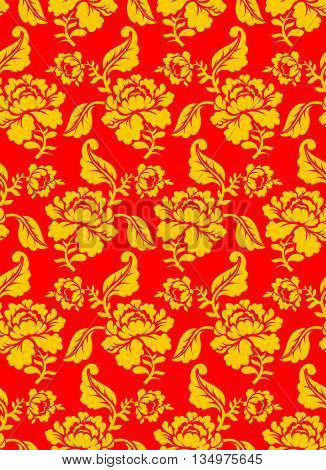 Russian National Pattern Hohloma. Traditional Folk Ornament In Russia. Yellow Flowers On Red Backgro