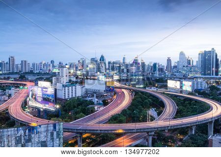 Bangkok, Thailand - July 21, 2013:  Bangkok Expressway and Highway top view, Sunset scene Thailand.