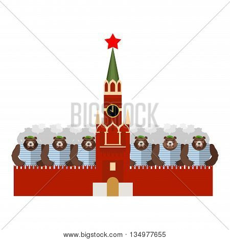 Moscow Kremlin And Bears. Many Russian Evil Animals Sit In Moscow. Wild Beasts Stronger Patriots On