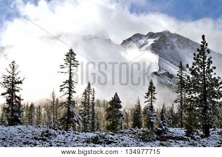 Chaos Crags at Lassen Volcanic National Park as a spring storm clears the mountains