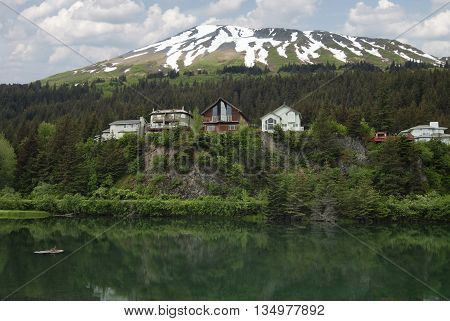 Cliffside lodges / wooden houses on Cliff View Place Looking Over The Lagoon Seward Kenai Peninsula Borough Alaska USA