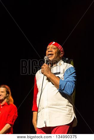 CRACOW POLAND - MARCH 16 2016: Famous American drummer Billy Cobham live on stage in ICE Cracow Poland