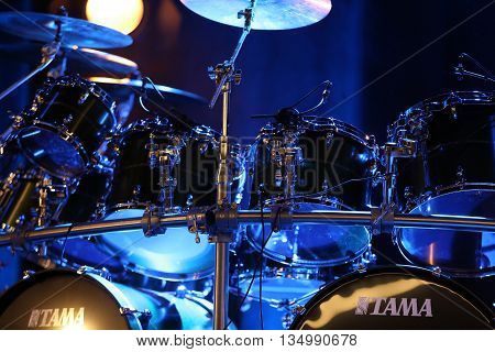CRACOW POLAND - MARCH 16 2016: Drums of Billy Cobham live on stage in ICE Cracow Poland