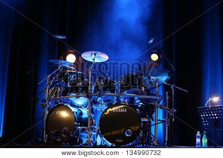 CRACOW POLAND - MARCH 16 2016: Drums of Billy Cobham live on stage in ICE Cracow Poland