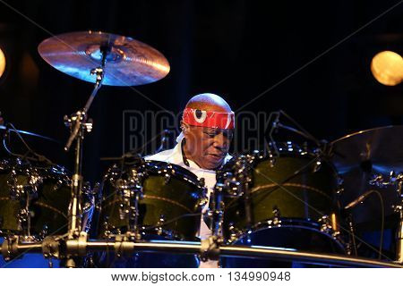 CRACOW POLAND - MARCH 16 2016: Famous American drummer Billy Cobham live on stage in ICE Cracow Poland