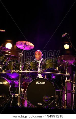 CRACOW POLAND - MARCH 16 2016: Famous American drummer Billy Cobham live on stage in ICE Cracow Poland