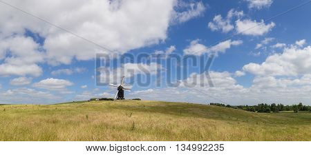 Panoramic view of Historic Danish windmill called Pibe Moelle.