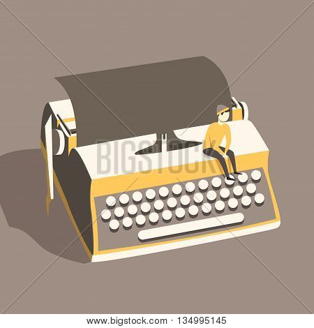 Man on vintage typewriter. Vector illustration. Isolated background. writing text. Typography. Writer tool Retro manual typewriter. Figure of human