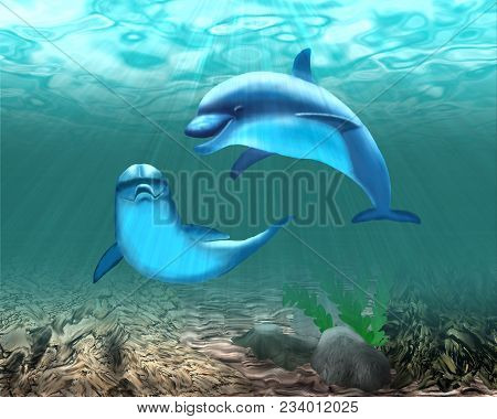 Two Floating Dolphins In Turquoise Sea Water.dolphins In The Sea.