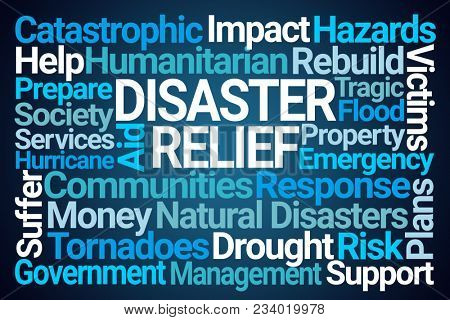 Disaster Relief Word Cloud on Blue Background