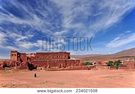 Historic Kasbah Telouet In Morocco In Summer With A Charming Sky.
