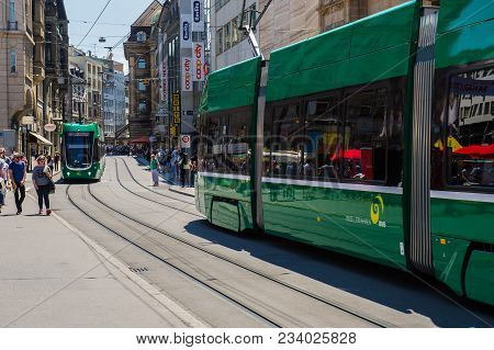 Basel, Switzerland - June 06  2017:  Tram In Basel. Switzerland. Europe.