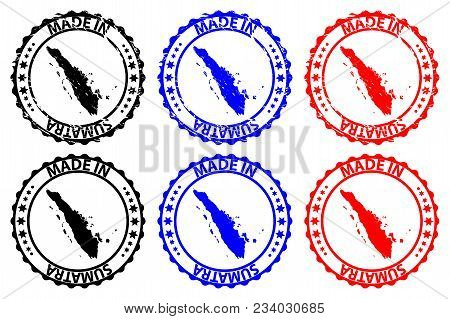 Made In Sumatra - Rubber Stamp - Vector, Sumatra Map Pattern - Black, Blue And Red