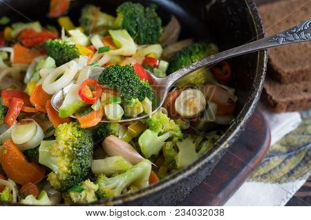 Vegetable Stew In A Frying Pan. Close-up