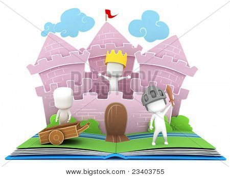 3D Abbildung der Kinder spielen in einem Schloss an einem Popup-Buch