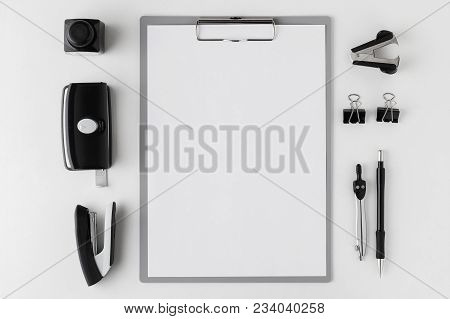 Mockup Business Brand Template On White Background. Set Of Stationery With  Empty Sheet For Notes. T