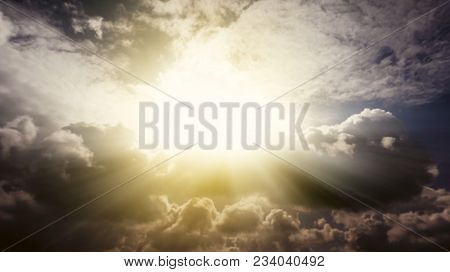 Beautiful Sky . Dark Sky With Sun . God Rays .   Dramatic Nature Background .  Sunset Or Sunrise Wit