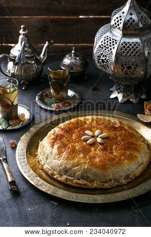 Fresh Baked Moroccan Chicken Pastilla Or Bastilla With Tea, Traditional Dichware