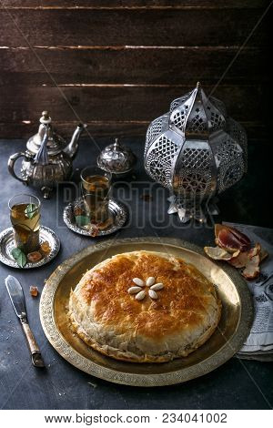 Fresh Baked Moroccan Chicken Pastilla Or Bastilla With Tea, Traditional Dichware